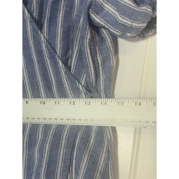 Old Navy Linen Blend Wrap Dress Blue White Stripe Puff Sleeve Size Large Lined - Picture 4 of 7